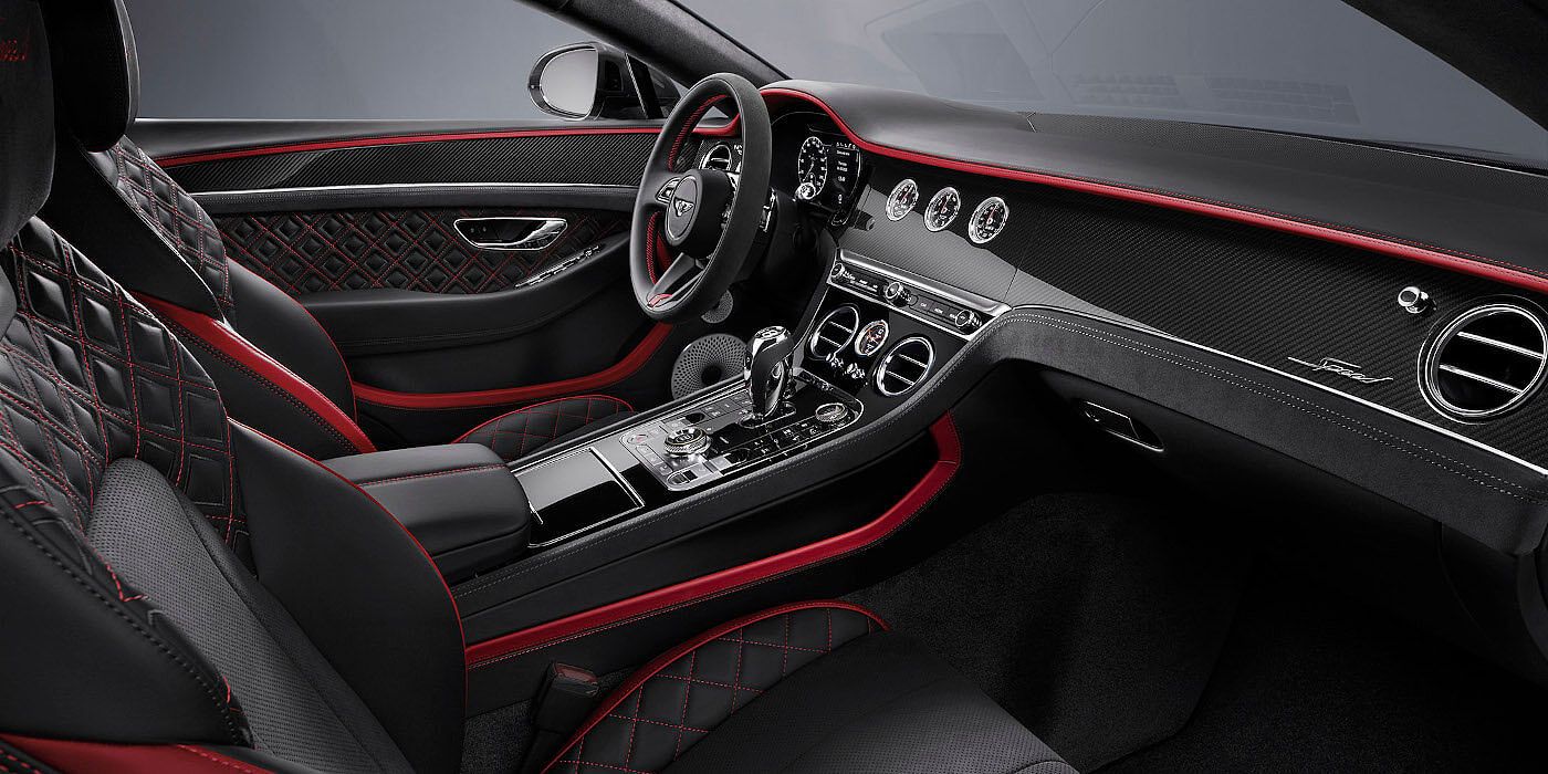 Bentley Praha Bentley Continental GT Speed coupe front interior in Beluga black and Hotspur red hide