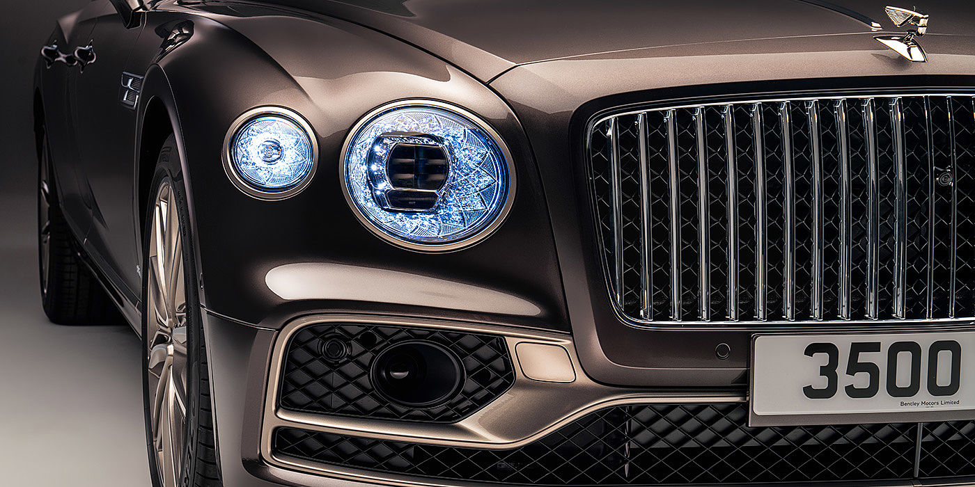 Bentley Praha Bentley Flying Spur Odyssean sedan front grille and illuminated led lamps with Brodgar brown paint