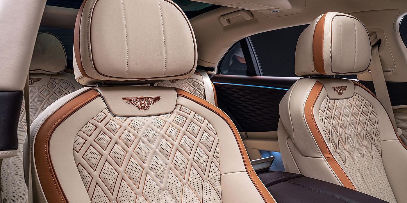 Bentley Praha Bentley Flying Spur Odyssean sedan rear seat detail with Diamond quilting and Linen and Burnt Oak hides