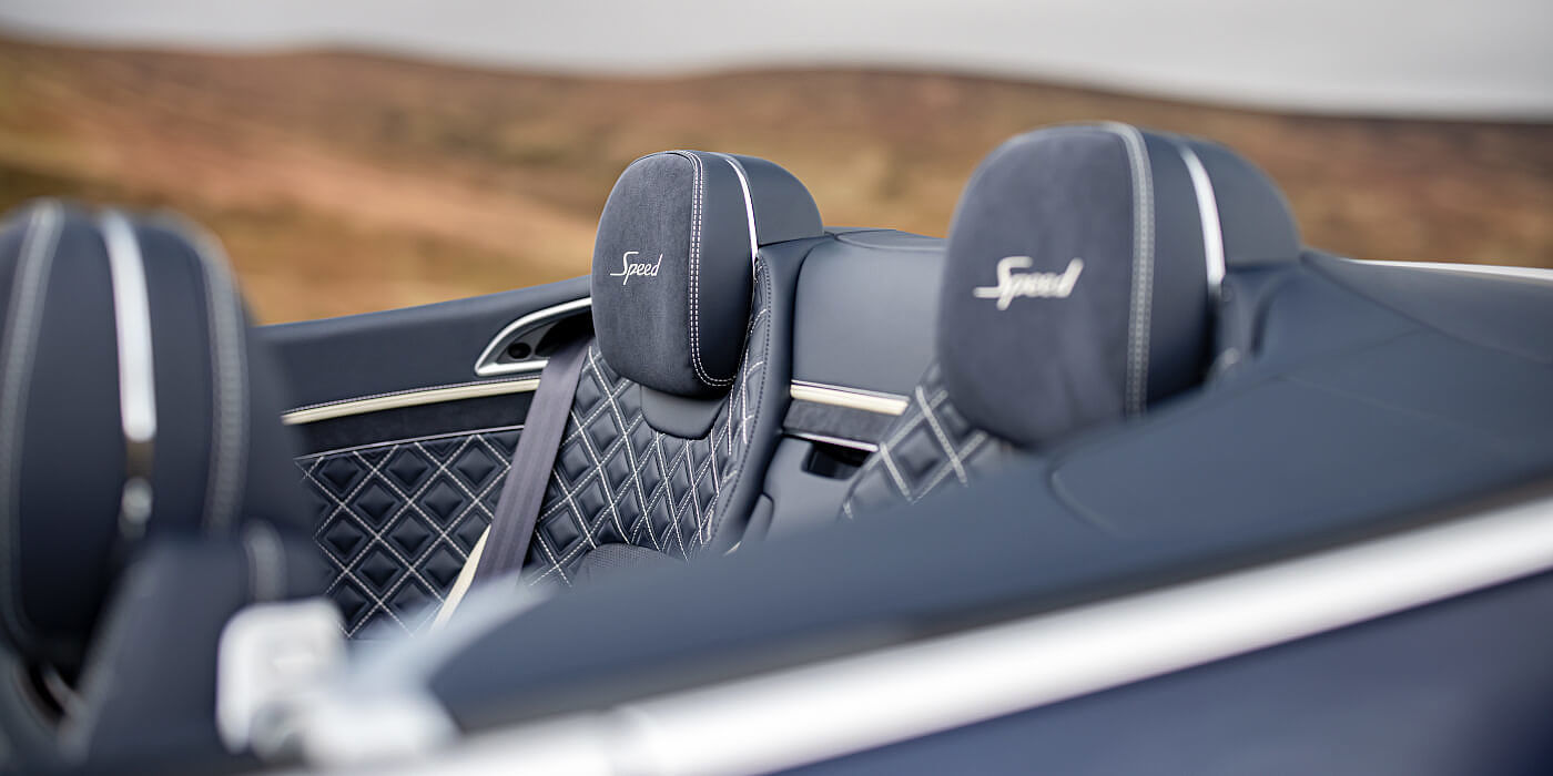 Bentley Praha Bentley Continental GTC Speed convertible rear interior in Imperial Blue and Linen hide
