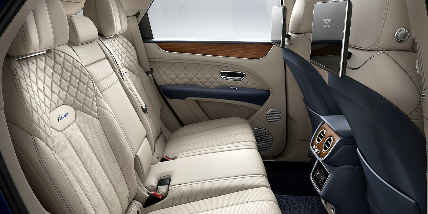 Bentley Praha Bentley Bentayga Azure SUV rear interior in Imperial Blue and Linen hide