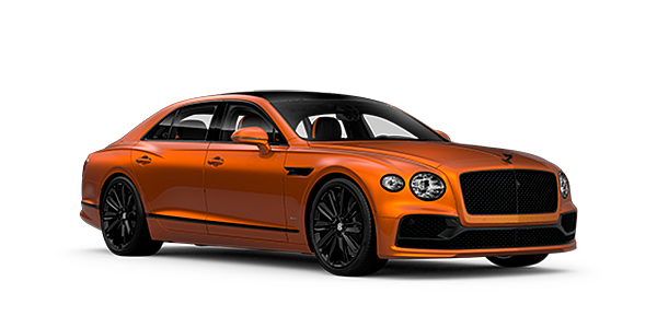Bentley Praha Bentley Flying Spur Speed front side angled view in Orange Flame coloured exterior. 