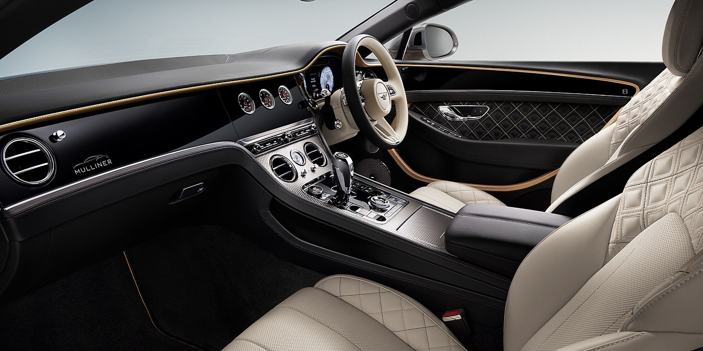 Bentley Praha Bentley Continental GT Mulliner coupe front interior in Beluga black and Linen hide