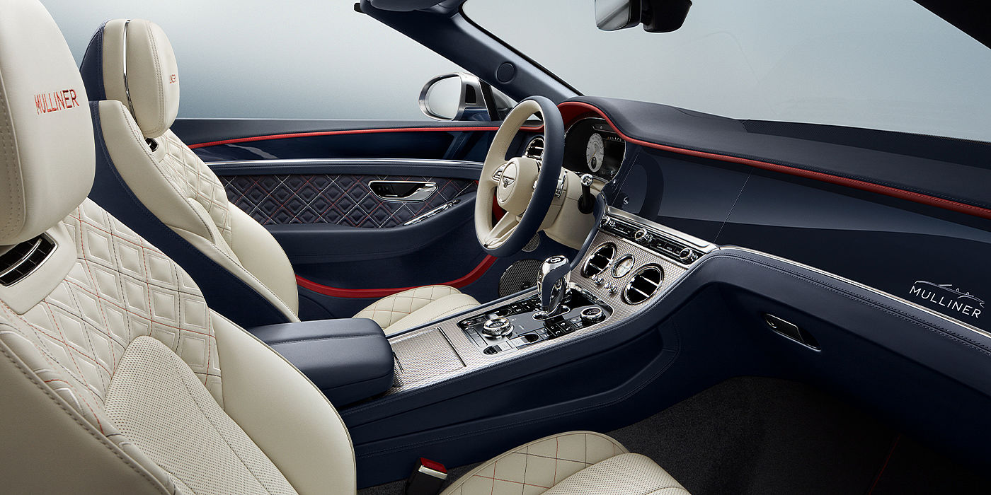 Bentley Praha Bentley Continental GTC Mulliner convertible front interior in Imperial Blue and Linen hide